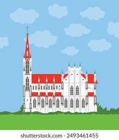 Cathedral Catholic Church Building Vector Illustration With Architecture, Medieval and Modern Churches Interior Design in Flat Cartoon blue Background