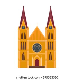 Cathedral catholic churche temple building landmark tourism world religions and famous structure traditional city ancient old tower vector illustration.