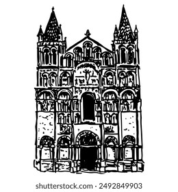 Façade of Angoulême Cathedral in Charente, France. Roman Catholic Church. Romanesque architecture. Hand drawn linear doodle rough sketch. Black and white silhouette.