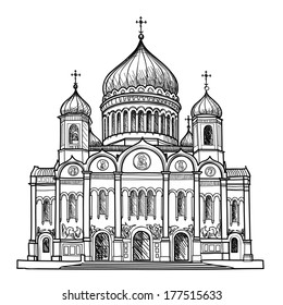 Cathedral of Christ the Savior in Moscow, Russia. Famous building isolated on white background. Sketch Vector illustration. 