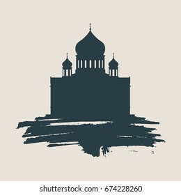 Cathedral of Christ the Savior in Moscow. Simple silhouette on grunge brush.