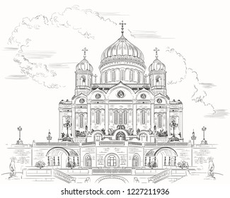 Cathedral of Christ the Saviour (Moscow, Russia) isolated vector hand drawing illustration in black color on white background