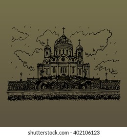 Cathedral of Christ the Saviour in Moscow, Russia. Sketch by hand. Vector illustration
