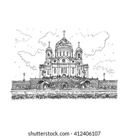 Cathedral of Christ the Saviour in Moscow, Russia. Sketch by hand. Vector illustration