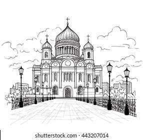 Catedral de Cristo Salvador en Moscú, Rusia. Edificio famoso de Rusia. Vista de la ciudad de Moscú. Dibujo dibujado a mano ilustración vectorial