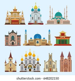 Cathedral Church Different Religion Creed Temple Traditional Building Landmark Churchy Tourism Vector Illustration