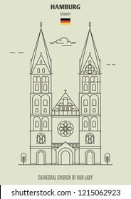 Cathedral Church of Our Lady in Hamburg, Germany. Landmark icon in linear style