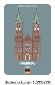 Cathedral Church of Our Lady in Hamburg, Germany.  Architectural symbols of European cities. Colorful vector 