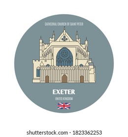 Domkirche St. Peter bei Exeter, Vereinigtes Königreich. Architektonische Symbole europäischer Städte. Farbige Vektorgrafik 