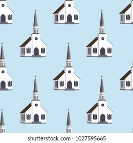 Cathedral church temple traditional building seamless pattern. Architecture of modern urban chapel. Exterior facade of church of christian religion. Building with cross. Vector icon in flat design