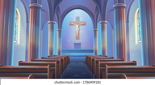 Cathedral Church view inside. Interior of Catholic Church with jesus on the cross. Cartoon vector illustration