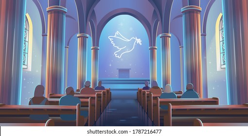 Cathedral Church view inside. Interior of Catholic Church with people and a dove of peace. Cartoon vector illustration