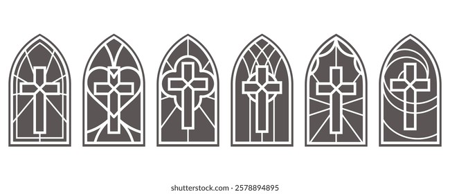 Cathedral church windows with cross. Stained glass gothic catholic arch. Vector architecture medieval silhouette of frame. Castle interior elements on white background