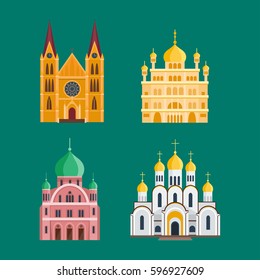 Cathedral churche temple building landmark tourism world religions and famous structure traditional city ancient old tower vector illustration.