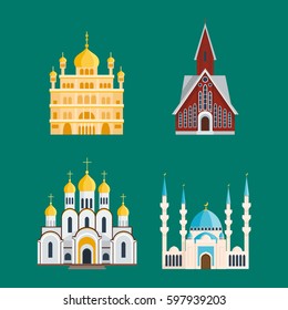Cathedral churche temple building landmark tourism world religions and famous structure traditional city ancient old tower vector illustration.