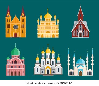 Cathedral churche temple building landmark tourism world religions and famous structure traditional city ancient old tower vector illustration.