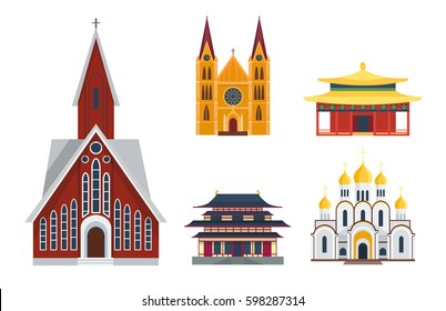 Cathedral churche temple building landmark tourism world religions and famous structure traditional city ancient old tower vector illustration.