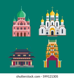 Cathedral churche temple building landmark tourism world religions and famous structure traditional city ancient old tower vector illustration.