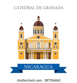 Cathedral de Granada in Nicaragua. Flat cartoon style historic sight showplace attraction web site vector illustration. World countries cities vacation travel sightseeing Central America collection.