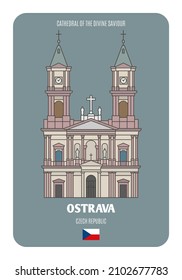 Catedral del Salvador Divino en Ostrava, República Checa. Símbolos arquitectónicos de las ciudades europeas. Vector colorido 