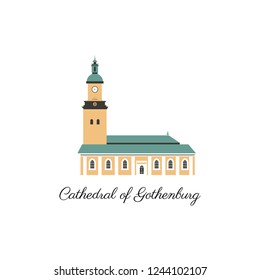 Cathedral of Gotenborg, Swedish landmark flat building of Sweden cartoon vector isolated on white, decorative icon flat style, architecture historic sight attraction,Travel sightseeing for design map