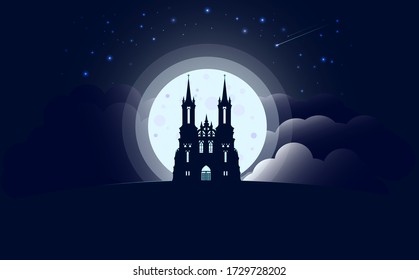 Cathedral, gothic catholic christian church or temple, at night against the background of the starry sky and the full moon. Vector illustration.