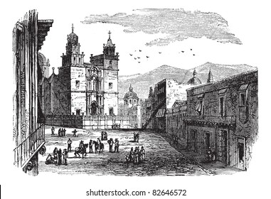 Cathedral at Guanajuato vintage engraving. Old engraved illustration of historic cathedral building at Guanajuato, 1890s. Trousset encyclopedia (1886 - 1891).