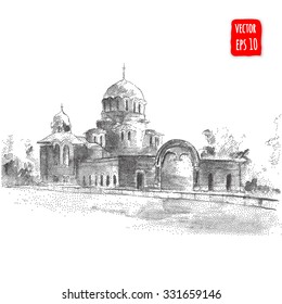 Cathedral. Hand drawn architectural Vector illustration