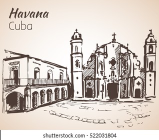 Cathedral of Havana. Cuba. Sketch. Isolated on white background