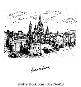 The Cathedral of the Holy Cross and Saint Eulalia in Barcelona, Spain. Drawn pencil sketch. Vector file