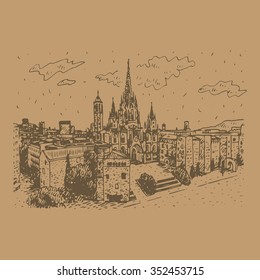 The Cathedral of the Holy Cross and Saint Eulalia in Barcelona, Spain. Drawn pencil sketch. Vector file