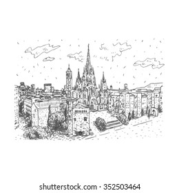 The Cathedral of the Holy Cross and Saint Eulalia in Barcelona, Spain. Drawn pencil sketch. Vector file