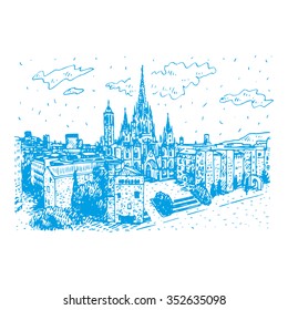 The Cathedral of the Holy Cross and Saint Eulalia in Barcelona, Spain. Drawn pencil sketch. Vector file