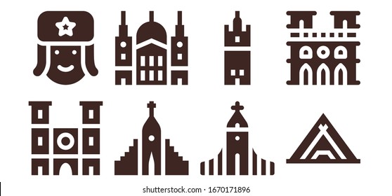 cathedral icon set. 8 filled cathedral icons.  Simple modern icons such as: Notre dame, Russian, Hallgrimskirkja, Saint paul, Giralda, Louvre