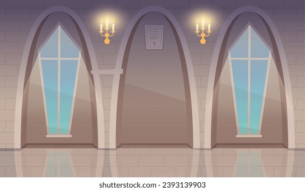 Cathedral interior. window in gothic interior church. Vector cartoon background