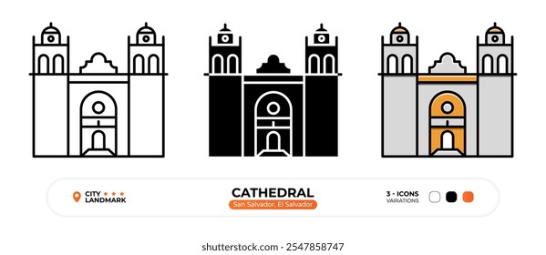 Icono de la línea de la catedral. San Salvador El Salvador, Silueta, Símbolo de color, Trazo editable.