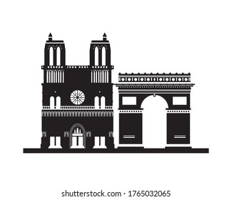 cathedral of notre dame and arch triumph france monument vector illustration