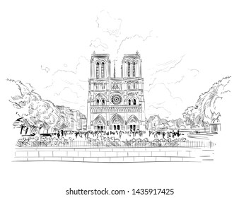The Cathedral of Notre Dame de Paris. Sena river. Paris, France. Urban sketch. Hand drawn vector illustration