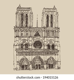 Cathedral of Notre Dame de Paris, France, vintage engraved illustration, hand drawn