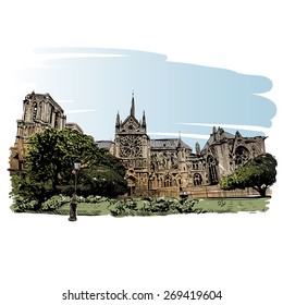 The Cathedral of Notre Dame de Paris, France. Vector illustration