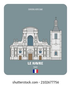 Cathedral Notre Dame of Le Havre, France. Architectural symbols of European cities. Colorful vector