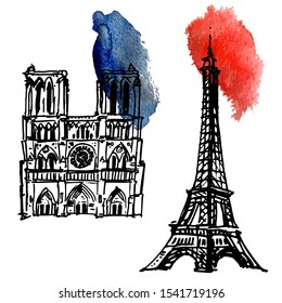 The cathedral of Notre-Dame de Pari and Eiffel tower in France. Famous European architectural buildings. Hand drawn doodle sketch with watercolor blue and red Frech flag isolated on white background.