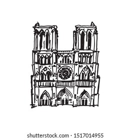 The cathedral of Notre-Dame de Pari. Hand drawn architecture sketch. Line art on white background.