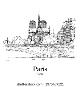 CATHEDRAL NOTRE-DAME DE PARIS, PARIS, FRANCE: Panoramic view to Cathedral Notre-dame de Paris from Seine. Hand drawn sketch. Poster, calendar, post card