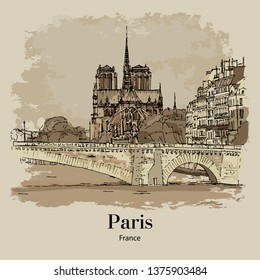 CATHEDRAL NOTRE-DAME DE PARIS, PARIS, FRANKREICH: Panoramaaussicht auf die Kathedrale Notre-dame de Paris von der Seine. Handgezeichnete Skizze. Poster, Kalender, Postkarte