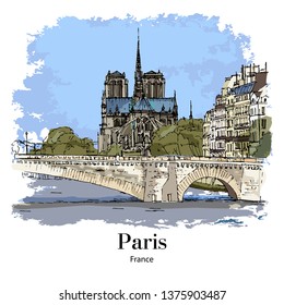 CATHEDRAL NOTRE-DAME DE PARIS, PARIS, FRANCE: Panoramic view to Cathedral Notre-dame de Paris from Seine. Hand drawn sketch. Poster, calendar, post card