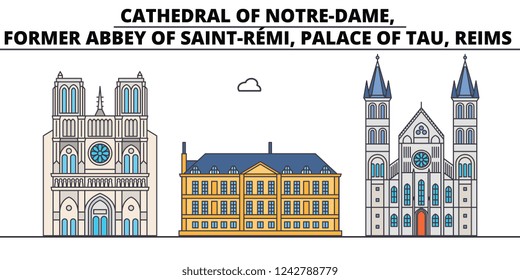 Cathedral Of Notre-Dame, Former Abbey Of Saint-REmi, Palace Of Tau, R line travel landmark, skyline vector design