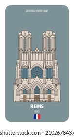 Kathedrale Notre-Dame von Reims, Frankreich. Architektonische Symbole europäischer Städte. Farbige Vektorgrafik