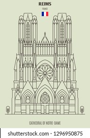 Cathedral of Notre-Dame of Reims, France. Landmark icon in linear style