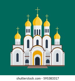 Cathedral orthodox churche temple building landmark tourism world religions and famous structure traditional city ancient old tower vector illustration.